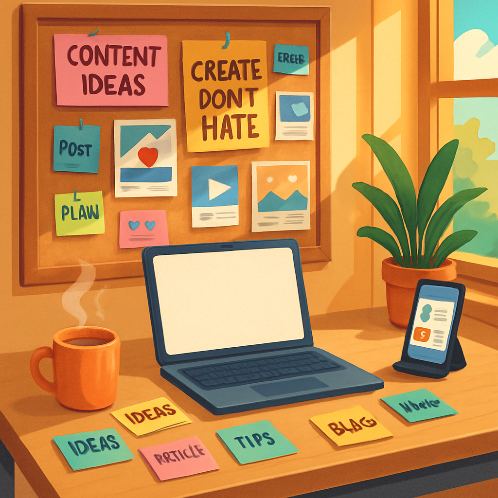 A vibrant workspace filled with creativity featuring a sleek desk adorned with a laptop displaying a blank screen Surrounding the desk are colorful sticky notes each scribbled with content ideas and a coffee mug steaming gently A large bulletin board-3