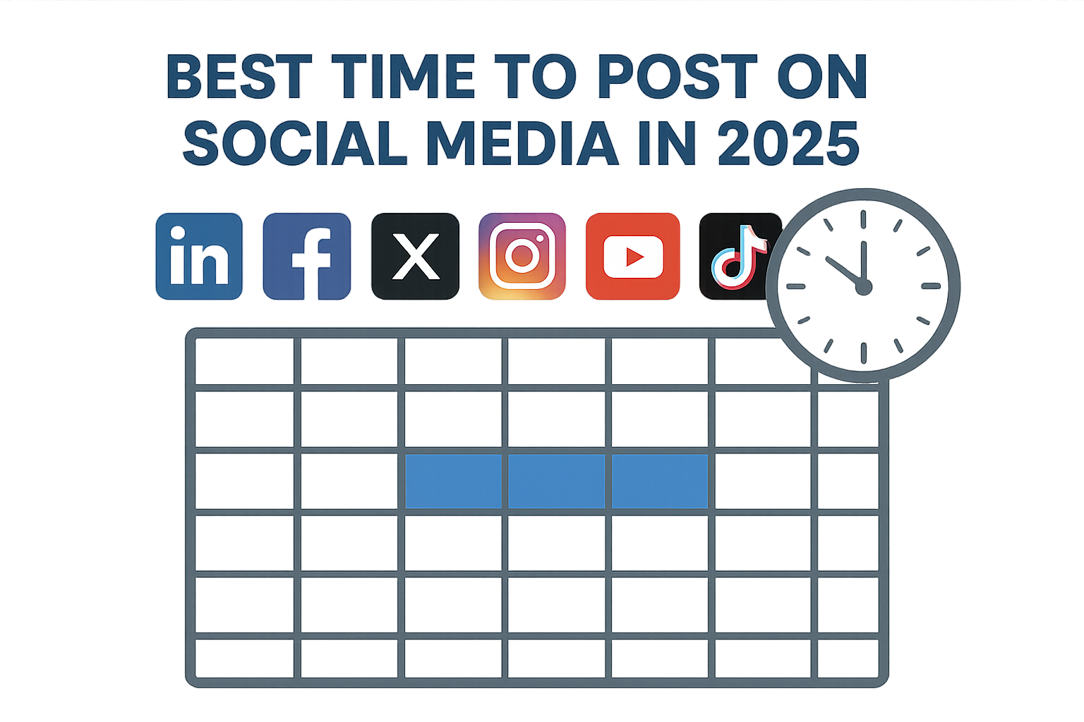 Best Time to Post on Social Media in 2025  include LinkedIn Facebook X Twitter Instagram Youtube and TikTok logos Show a calendar instead of days and time can include an image for clock or calendar-1