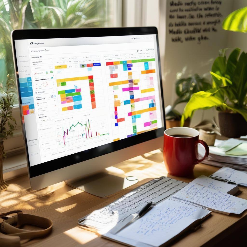 The image features a sleek, modern workspace with a large computer screen displaying a vibrant social media scheduling dashboard