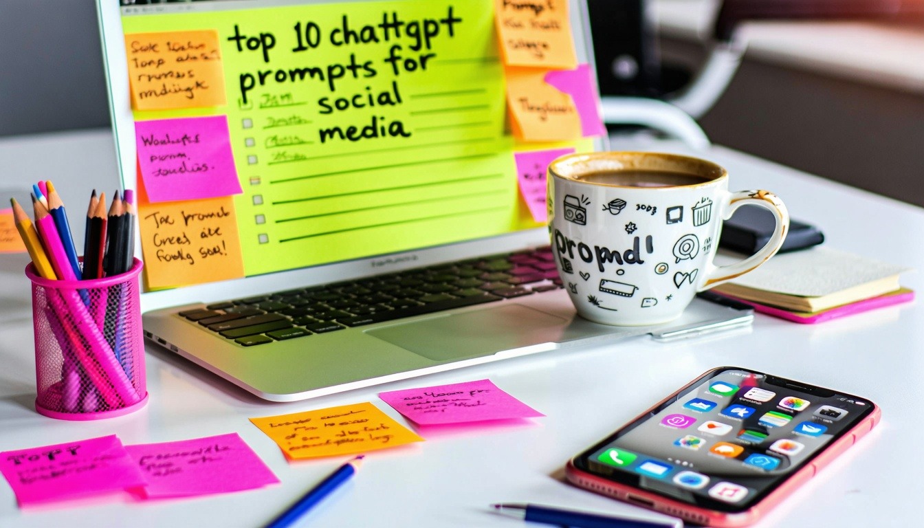The image features a vibrant digital workspace filled with colorful sticky notes and brainstorming materials scattered across a sleek modern desk A laptop is open displaying a bright screen with a list titled Top 10 ChatGPT Prompts for Social Media i-2