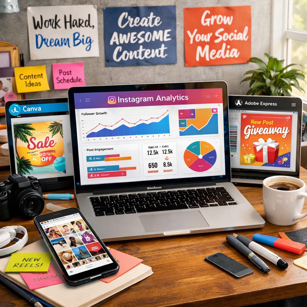 Vibrant Instagram Workspace with Laptop and Sticky Notes