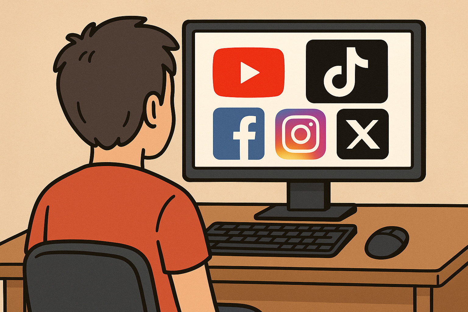 create a cartoon image of a persons back in front of a computer with the screen of a computer showing social media platforms logo youtube tiktok facebook instagram X-1